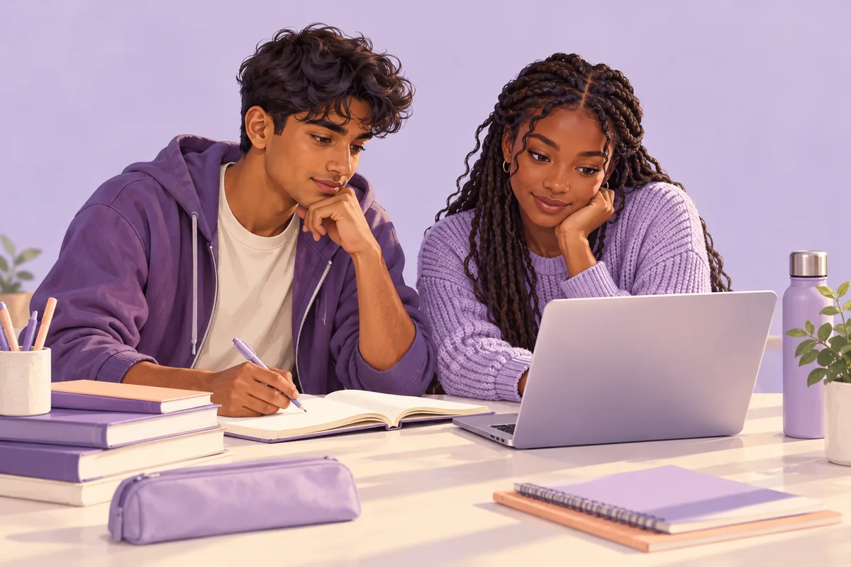 Illustration of two sixth-form students discussing their science revision