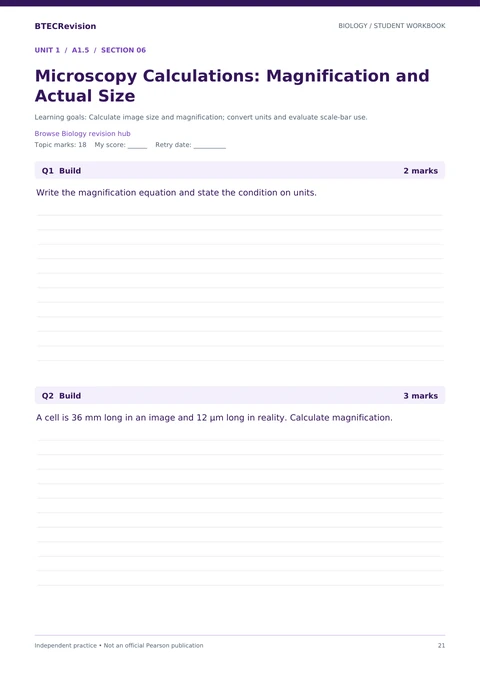 Biology student workbook page: questions and the matching worked solutions.