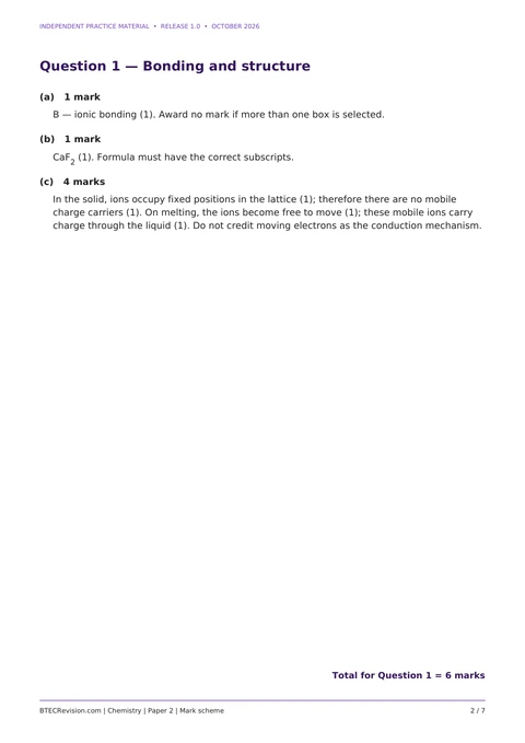 Chemistry matching mark scheme page: a question on bonding and structure and its matching mark scheme.
