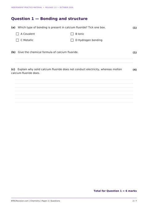 Chemistry paper 2 question page: a question on bonding and structure and its matching mark scheme.
