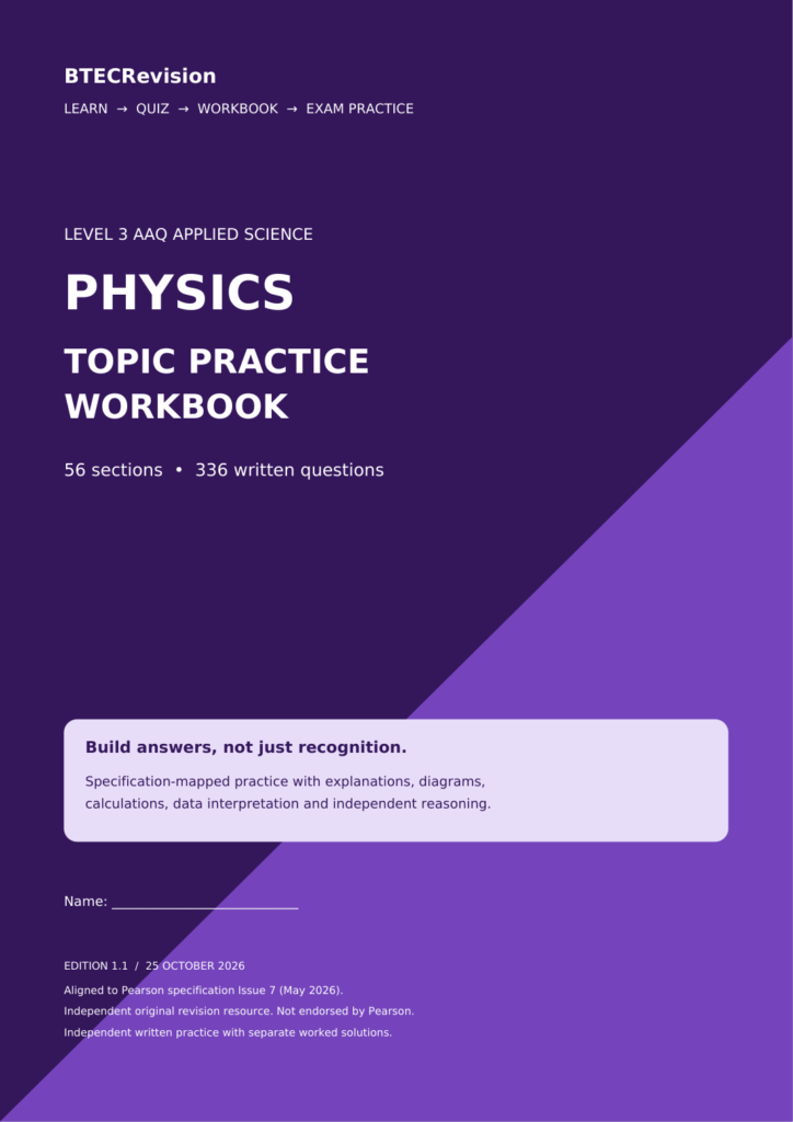 BTECRevision Unit 3 Physics topic practice workbook with worked solutions